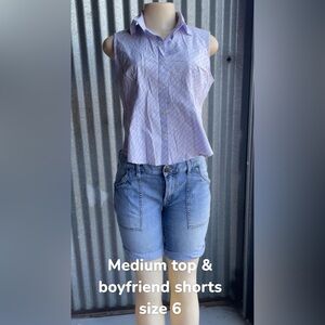 Purple Plaid Sleeveless Top and Blue Denim Shorts